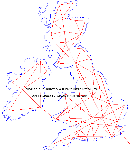 Map of the UK proposing a network of service stations to refuel electric trucks and cars