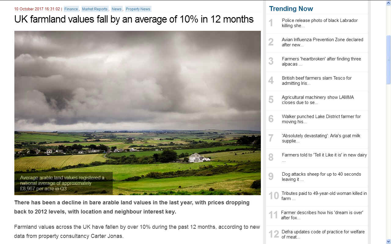 Farming land values in October 2017 UK