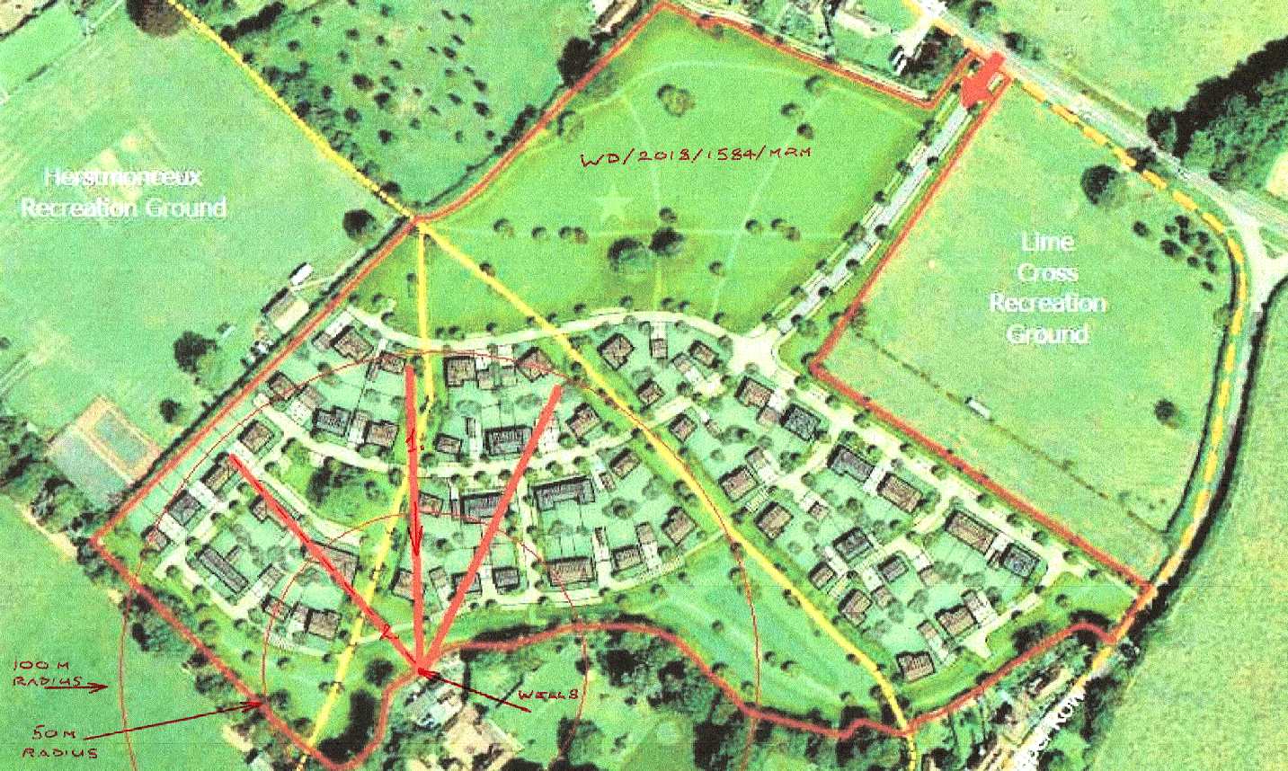 WD/2018/1584/MRM - Proposed plan of the housing development as submitted to the Area Plans South planning committee of Wealden District Council. 50 meter and 100 meter circles are shown on the map in thin red ink. It is submitted that the members and officers could be in no doubt at all, that the proposal would contaminate the ancient well, on land adjacent to Lime Park. There were some 35 conditions attaching, not one of which offered or even identified binding protections for the water rights, that they knew about from pictures and written objections from adjacent occupiers.