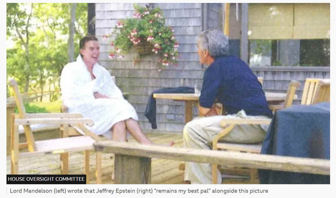 A copy of an undated picture of Peter Mandelson sitting in a white robe laughing while sitting opposite Jeffrey Epstein, who wears a blue top and cream chinos, on a wooden deck. Lord Mandelson (left) wrote that Jeffrey Epstein (right) "remains my best pal" alongside this picture