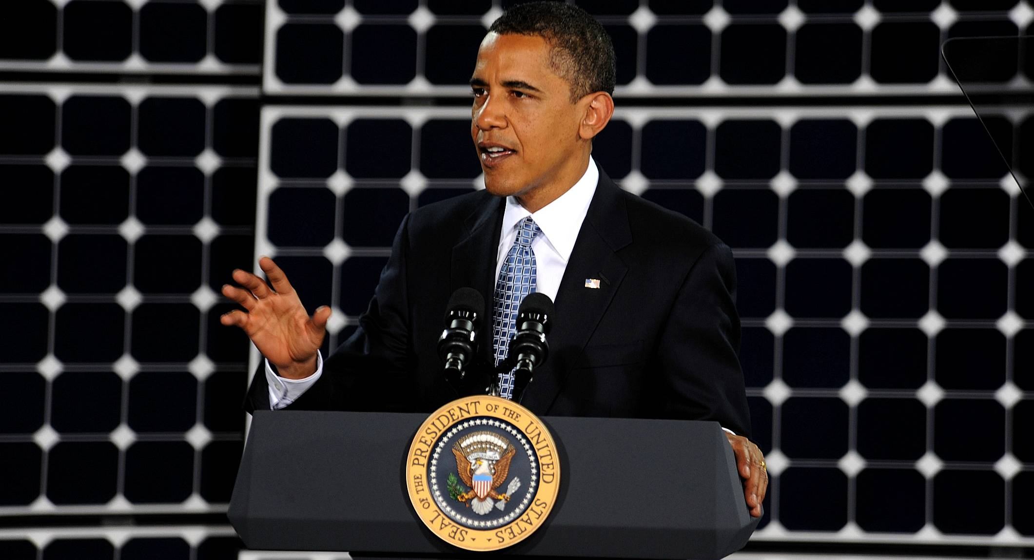Barack Obama and solar panels at the Nellis air force base in Nevada