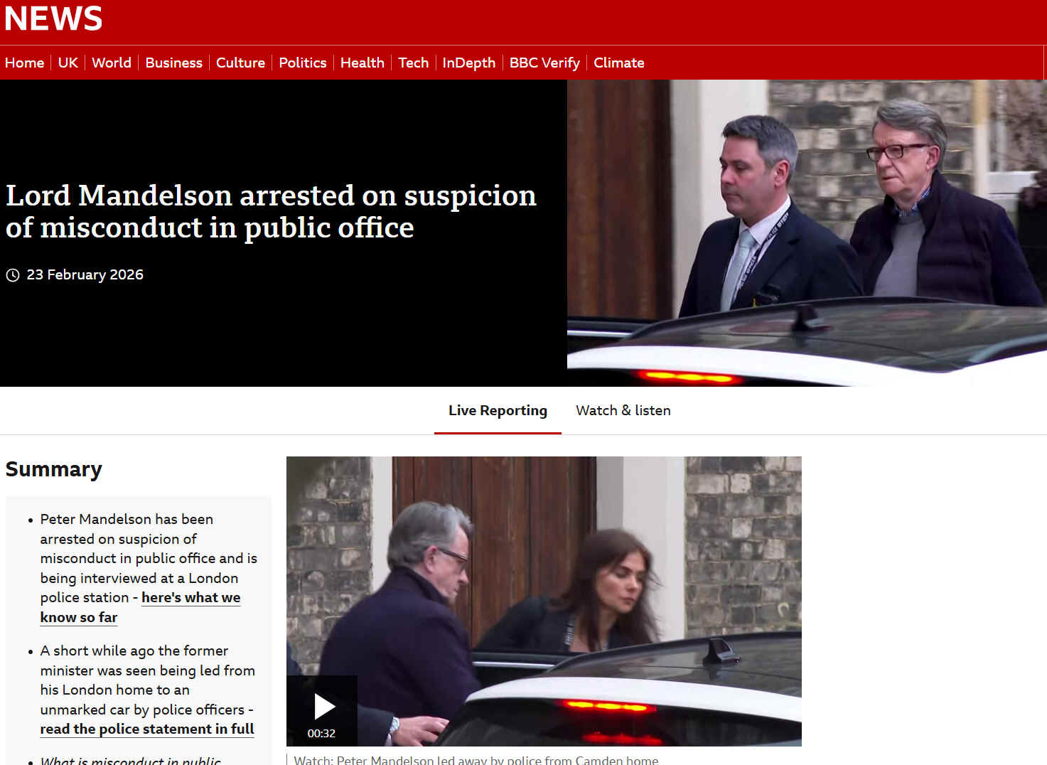 Lord Mandelson is arrested 23rd February 2026 for misconduct in public office